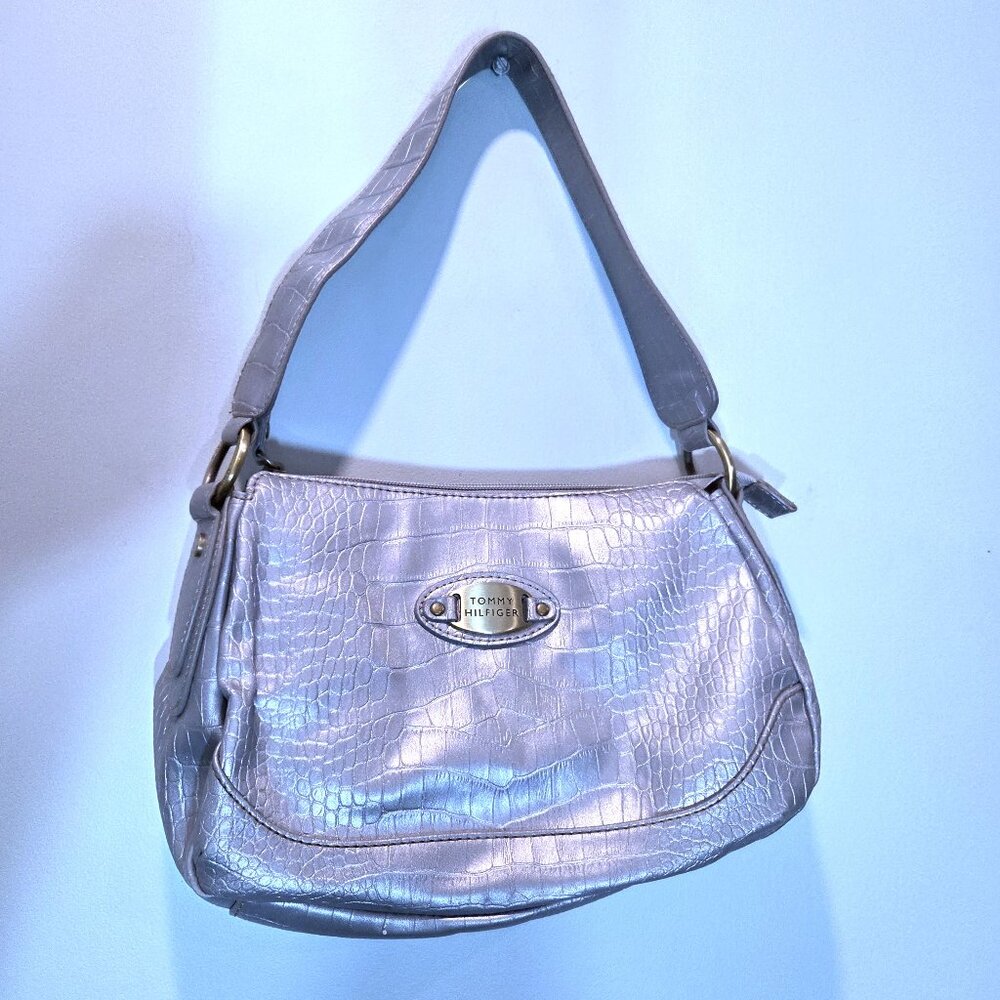 Vintage Tommy Hilfiger Silver Metallic Croc Embossed Small Shoulder Purse